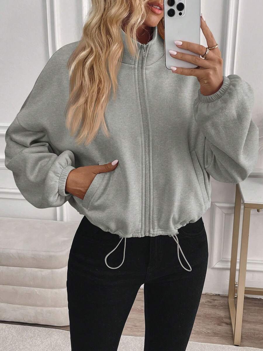Fleece Zip Up Jacket Drawstring Casual Cropped Outerwear