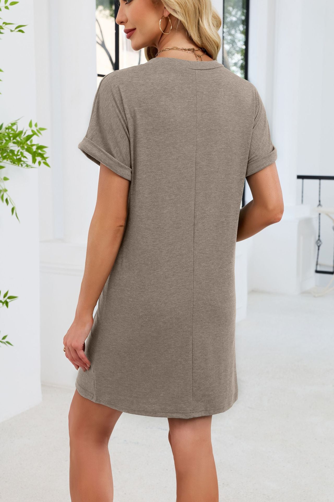 Casual V-Neck Short Sleeve Button Mini T-Shirt Dress