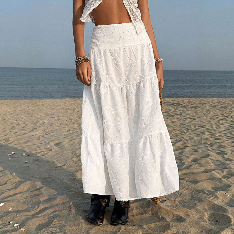 Women High Waist Embroidered Split Maxi Skirt