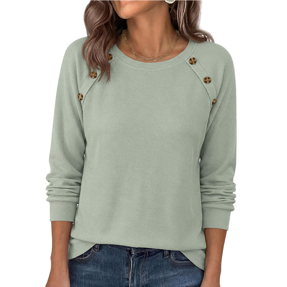 Waffle Knit Button Detail Top Long Sleeve Casual Pullover