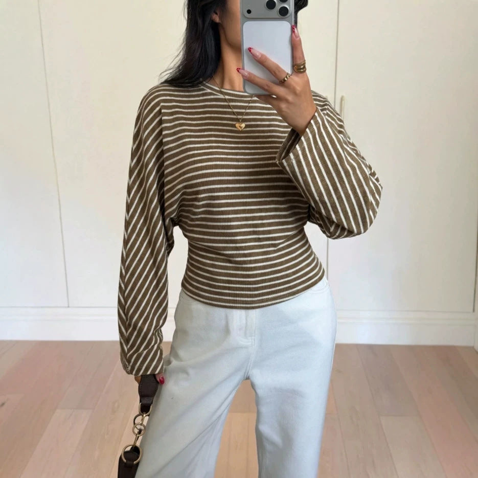 Women's Striped Batwing Waffle Knit Long Sleeve Top