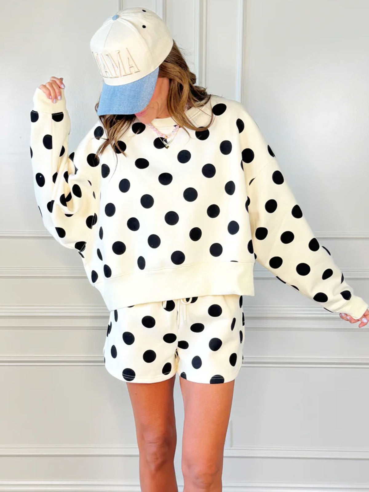 Polka Dot Crop Sweatshirt & Shorts Matching Set