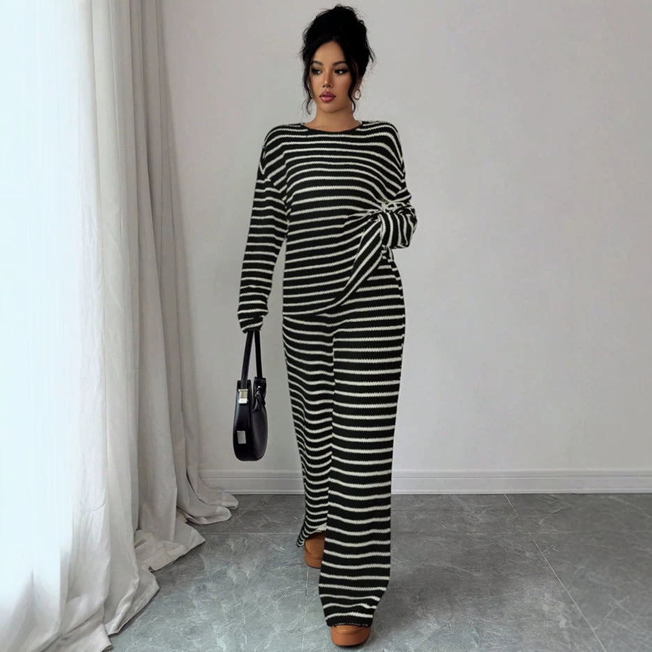 Striped Knit 2 Piece Lounge Set Women Casual Wide Leg Pants