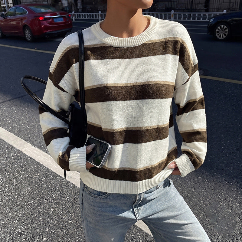 Brown Stripe Crew Neck Oversized Sweater