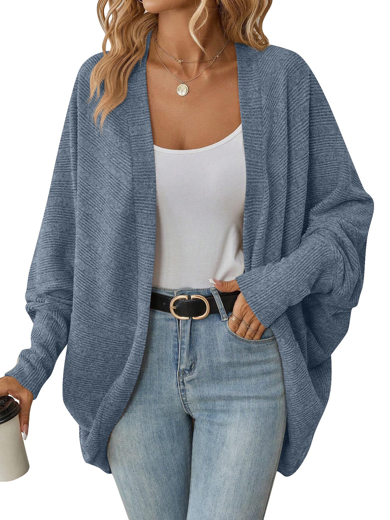 Oversized Ribbed Knit Cardigan Open Front Cozy Layer