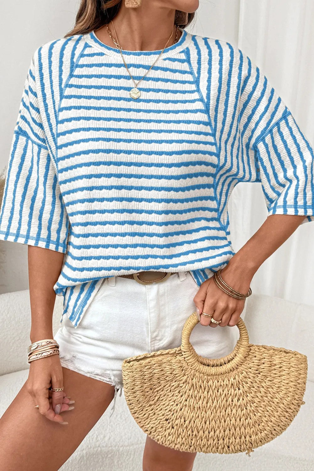 Striped Textured Tee Oversized Casual Boutique Top