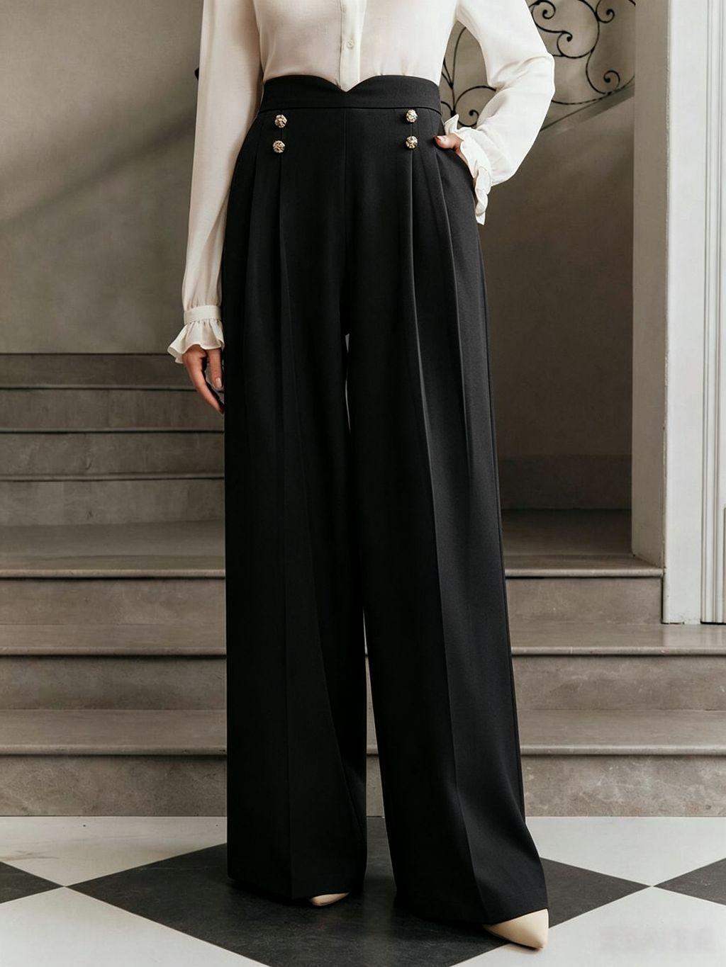 Women's High Waisted Wide Leg Work Pants Button Front
