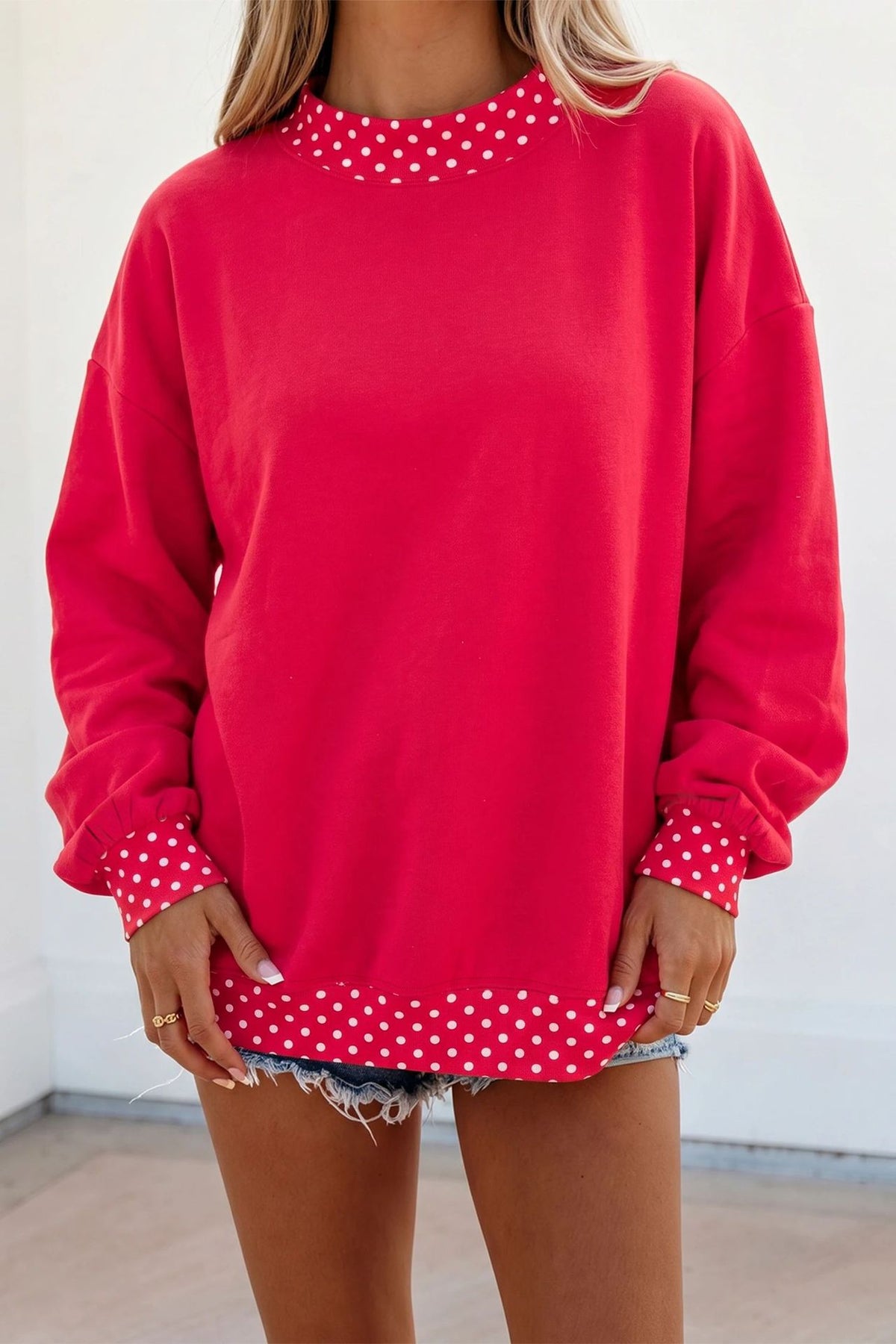 Women's Oversized Fleece Polka Dot Trim Sweatshirt