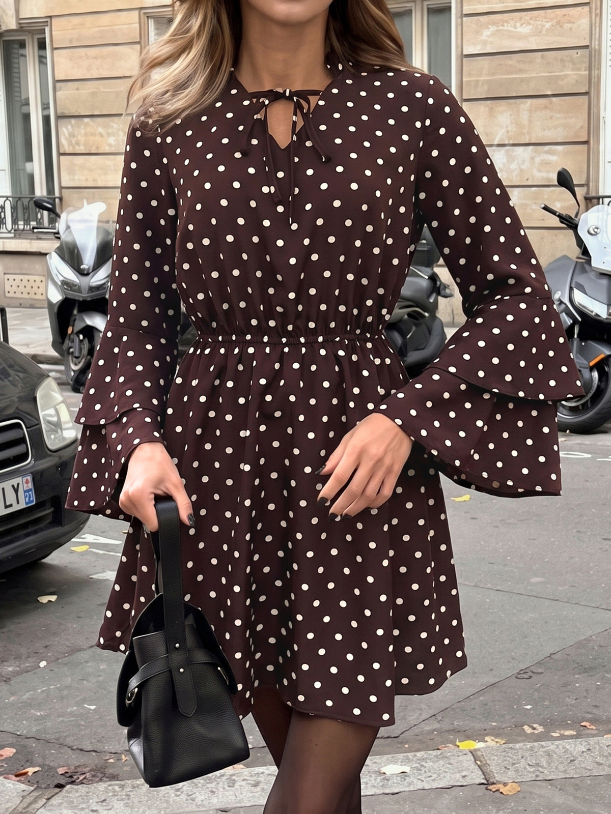 Women's Brown Polka Dot V-Neck Bell Sleeve A-Line Mini Dress
