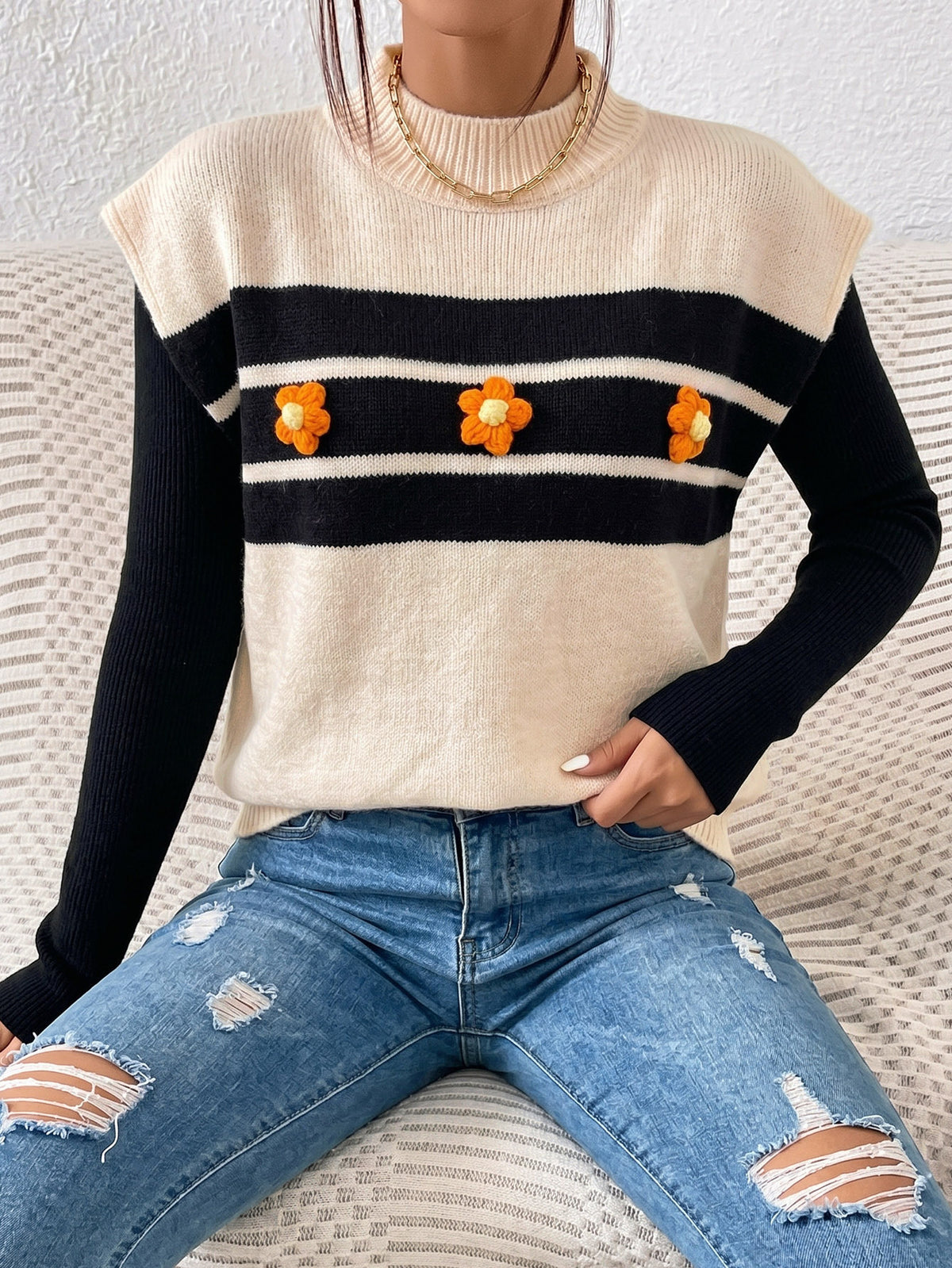 Women's Striped Crochet Flower Sweater Vest