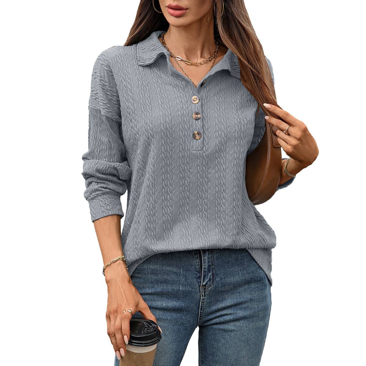 Women's Collared Long Sleeve Button Pullover Sweatshirt
