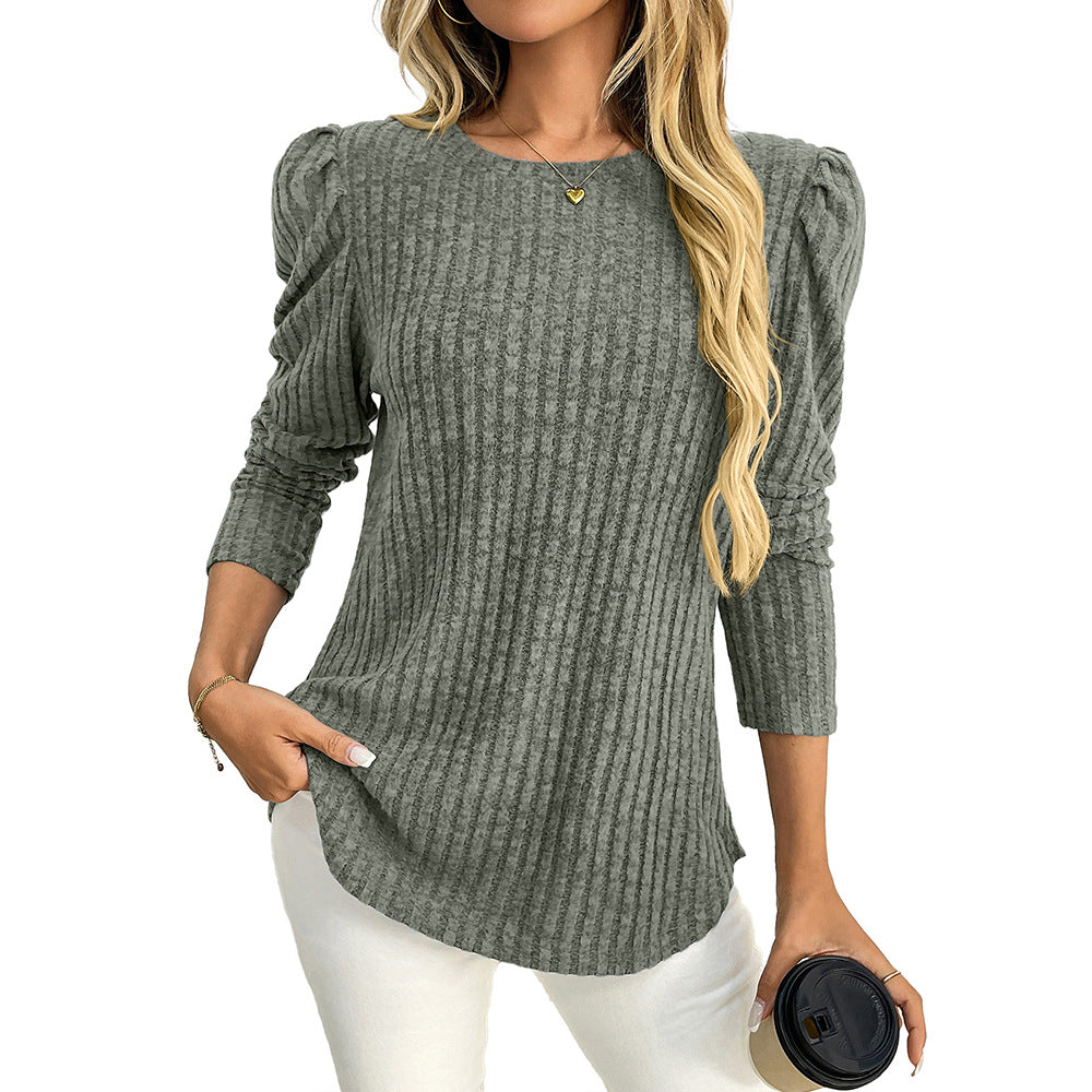 Women’s Long Sleeve Ribbed Top Puff Sleeve Crew Neck Tee