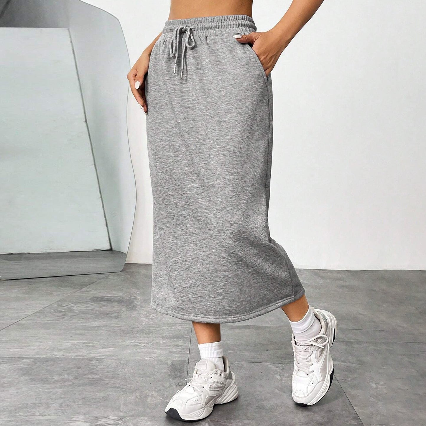 Solid Cotton Blend Skirt Casual Midi Drawstring Pocket