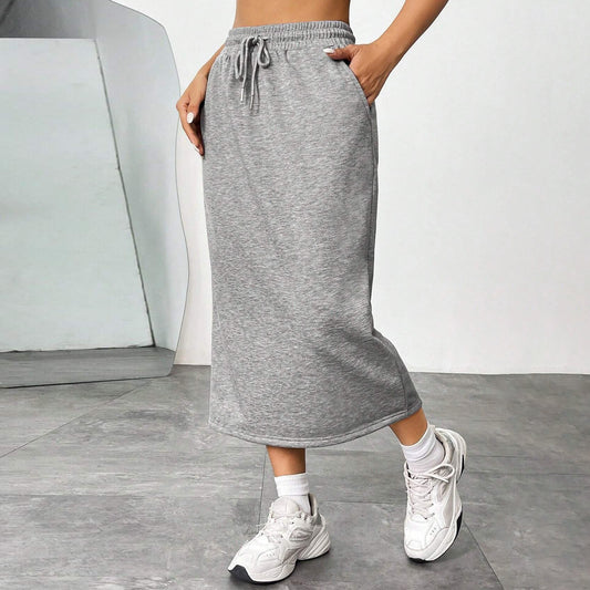 Solid Cotton Blend Skirt Casual Midi Drawstring Pocket