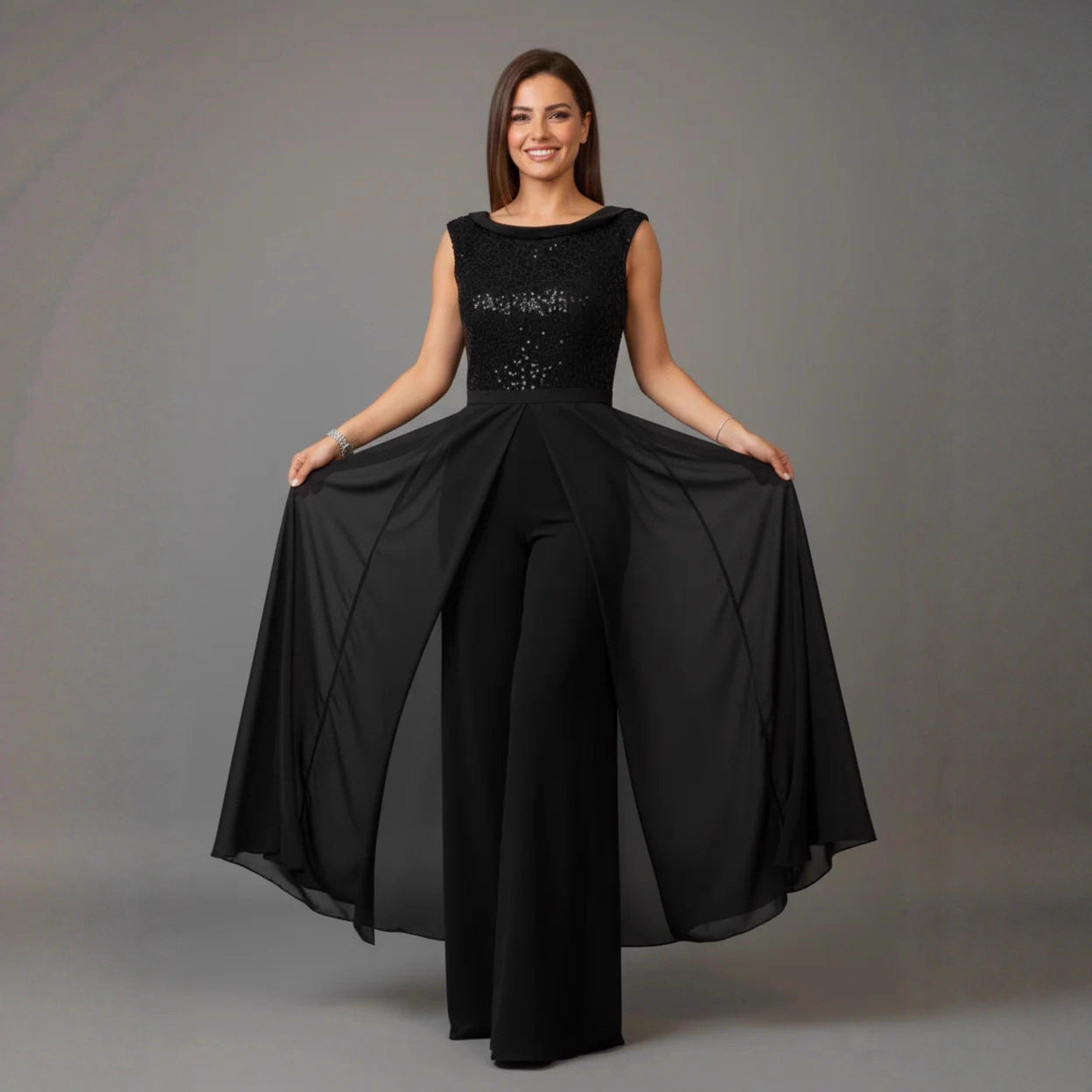 Sequin Chiffon Overlay Wide Leg Formal Jumpsuit