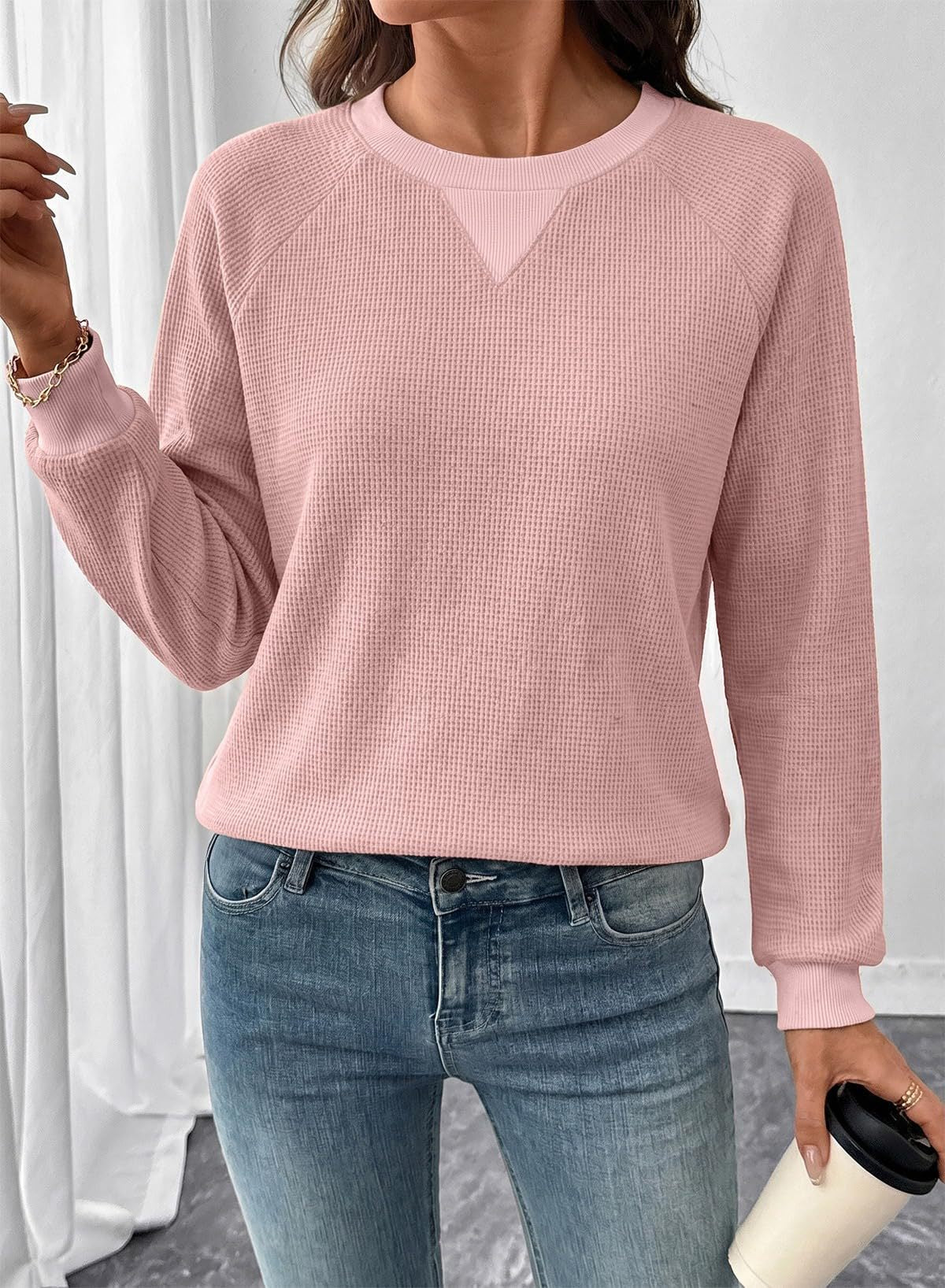 Contrast Waffle Knit Long Sleeve Casual Pullover Top