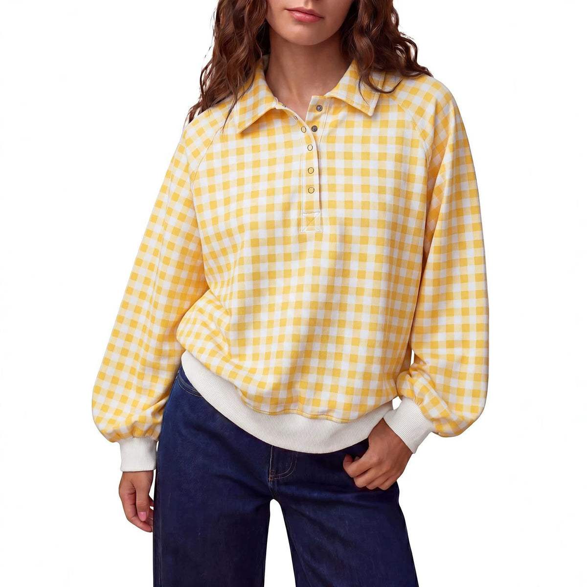 Women's Gingham Polo Oversized Pullover Sweatshirt