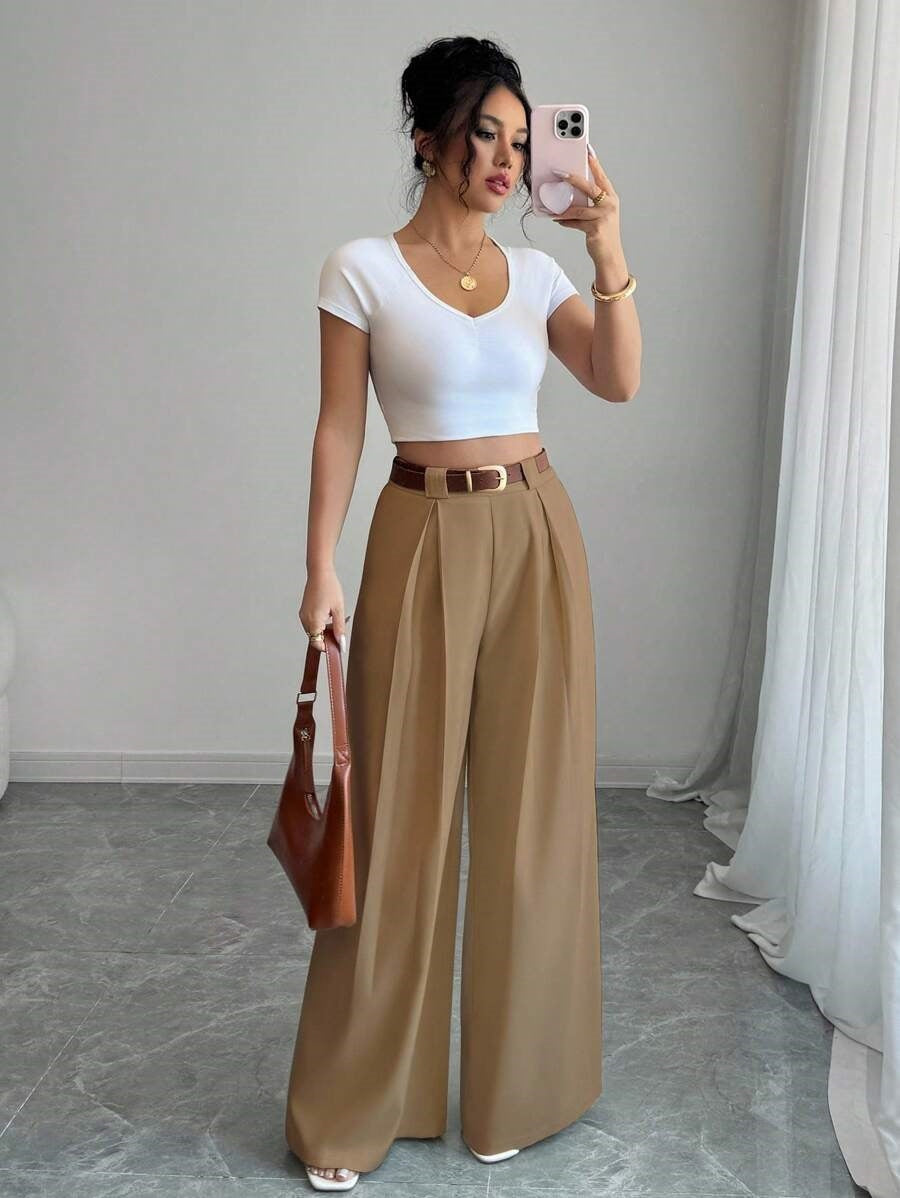 Women's High Waist Pleated Wide Leg Dress Pants