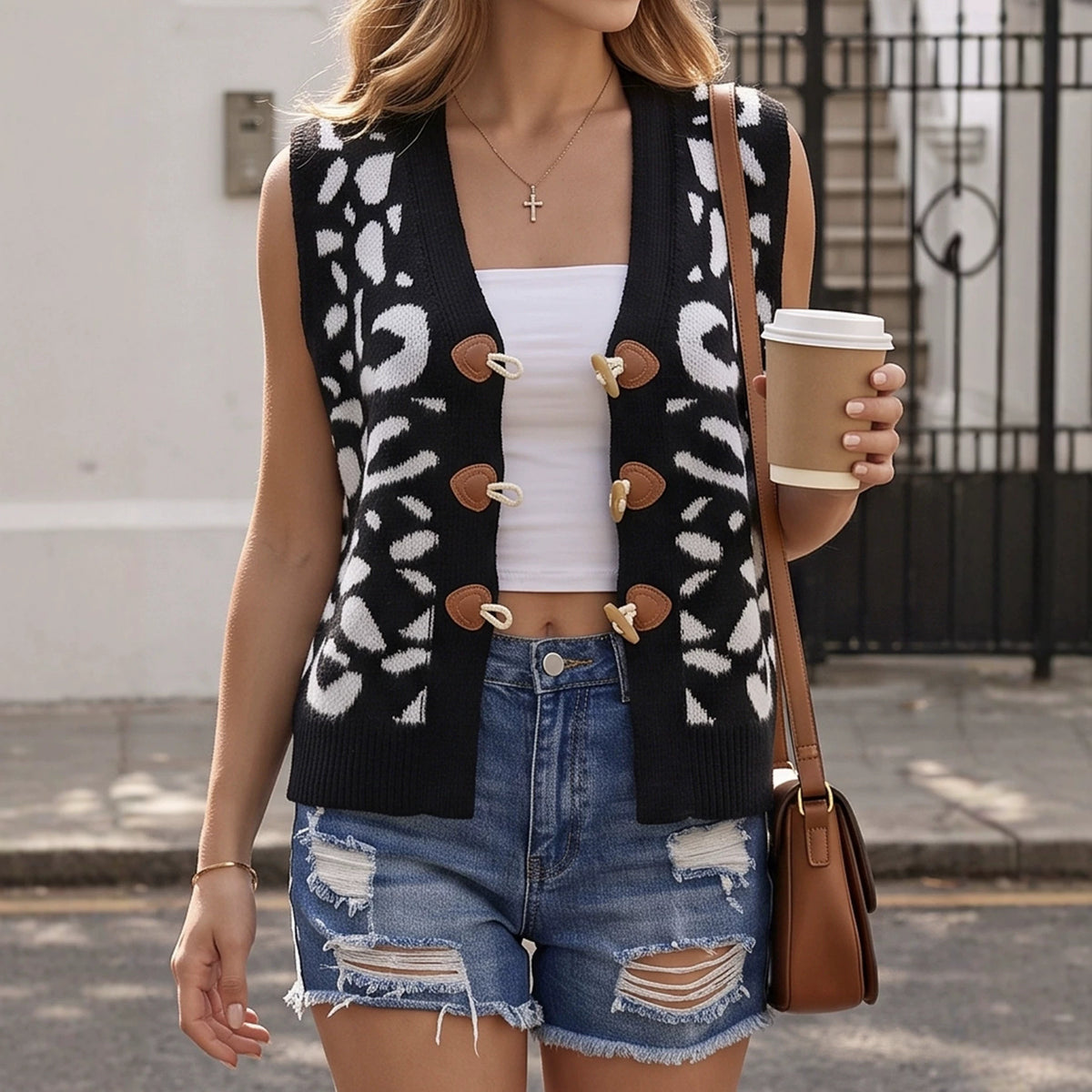 Women Leopard Sweater Vest V-Neck Toggle Button Knit