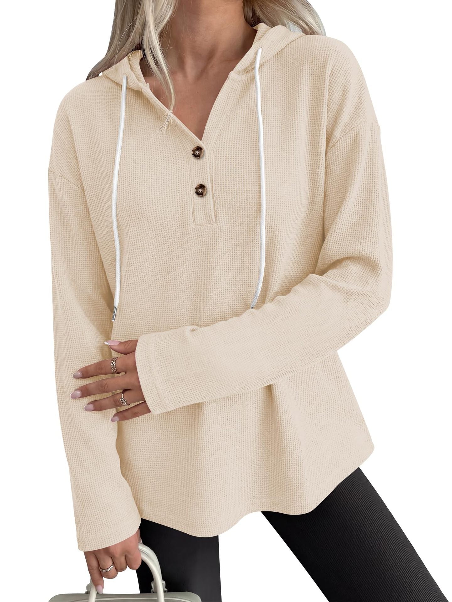 Solid Waffle Hoodie Pullover Casual Button Long Sleeve