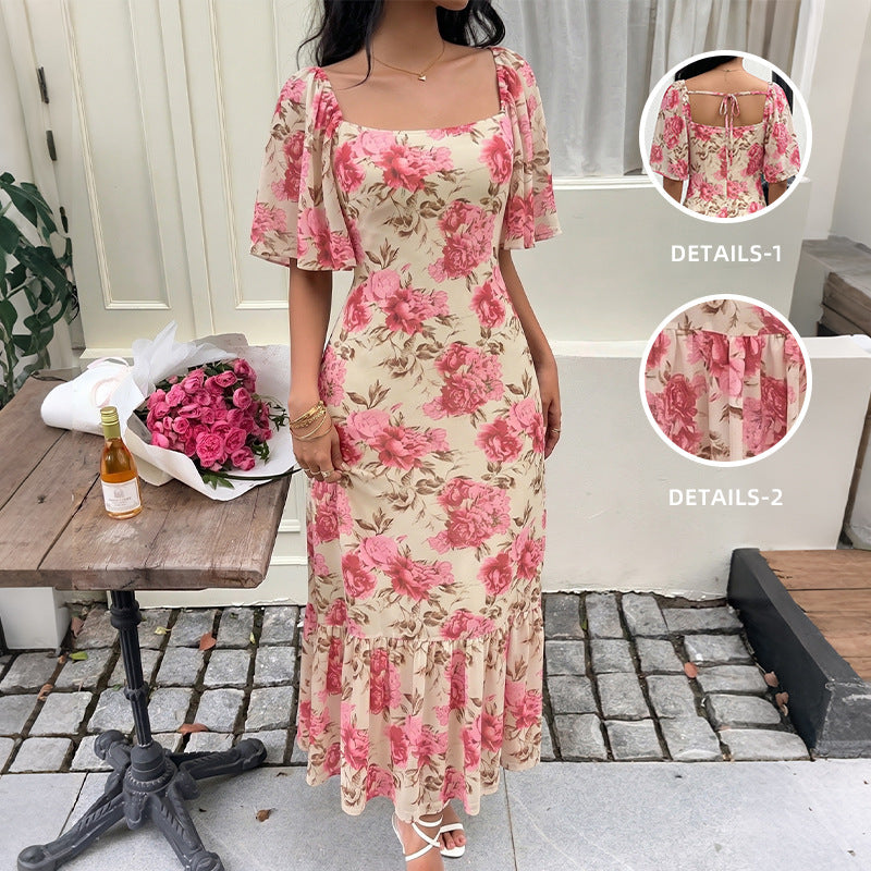 Floral Chiffon Midi Dress Romantic Flutter Sleeve