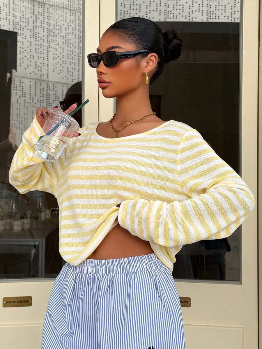 Striped Off Shoulder Long Sleeve Knit Top