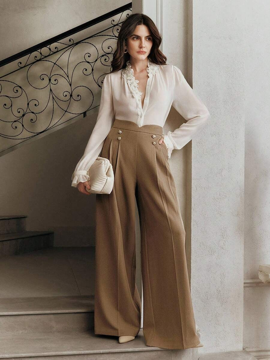 Women's High Waisted Wide Leg Work Pants Button Front