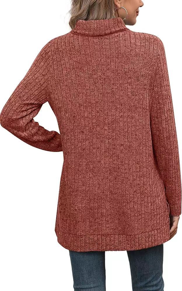 Women's Oversized Ribbed Turtleneck Long Sleeve Slit Tunic