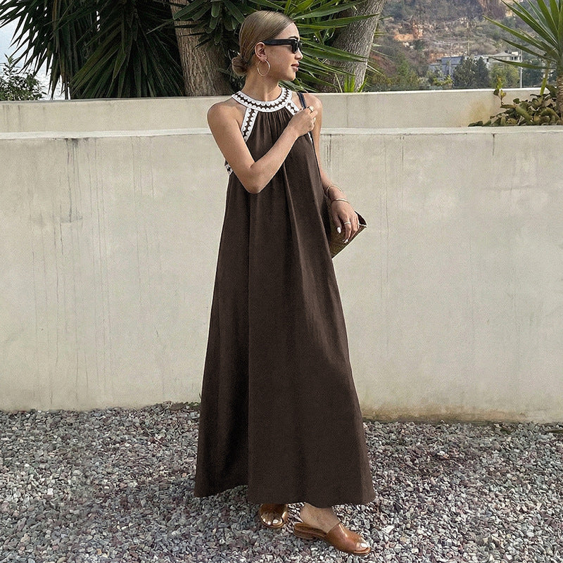 Solid Cotton Maxi Dress Halter Resort Loose Fit