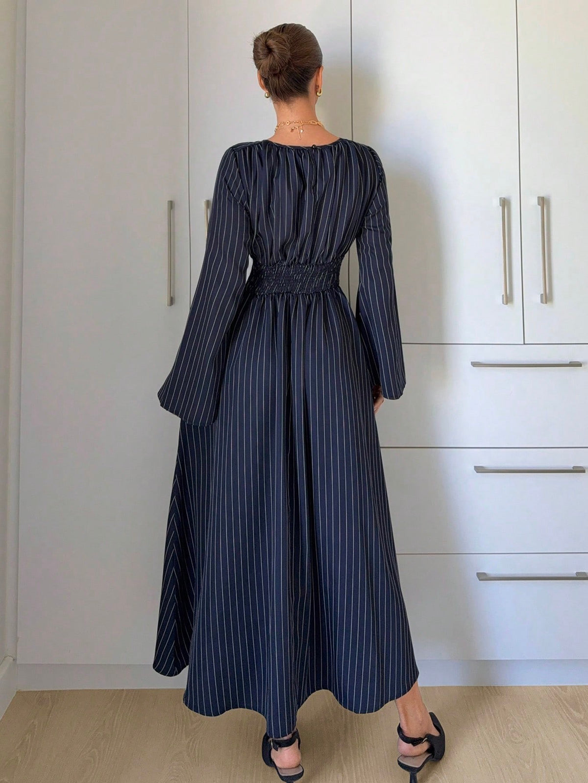 Women's Long Sleeve Tie Waist Ruched Midi Dress
