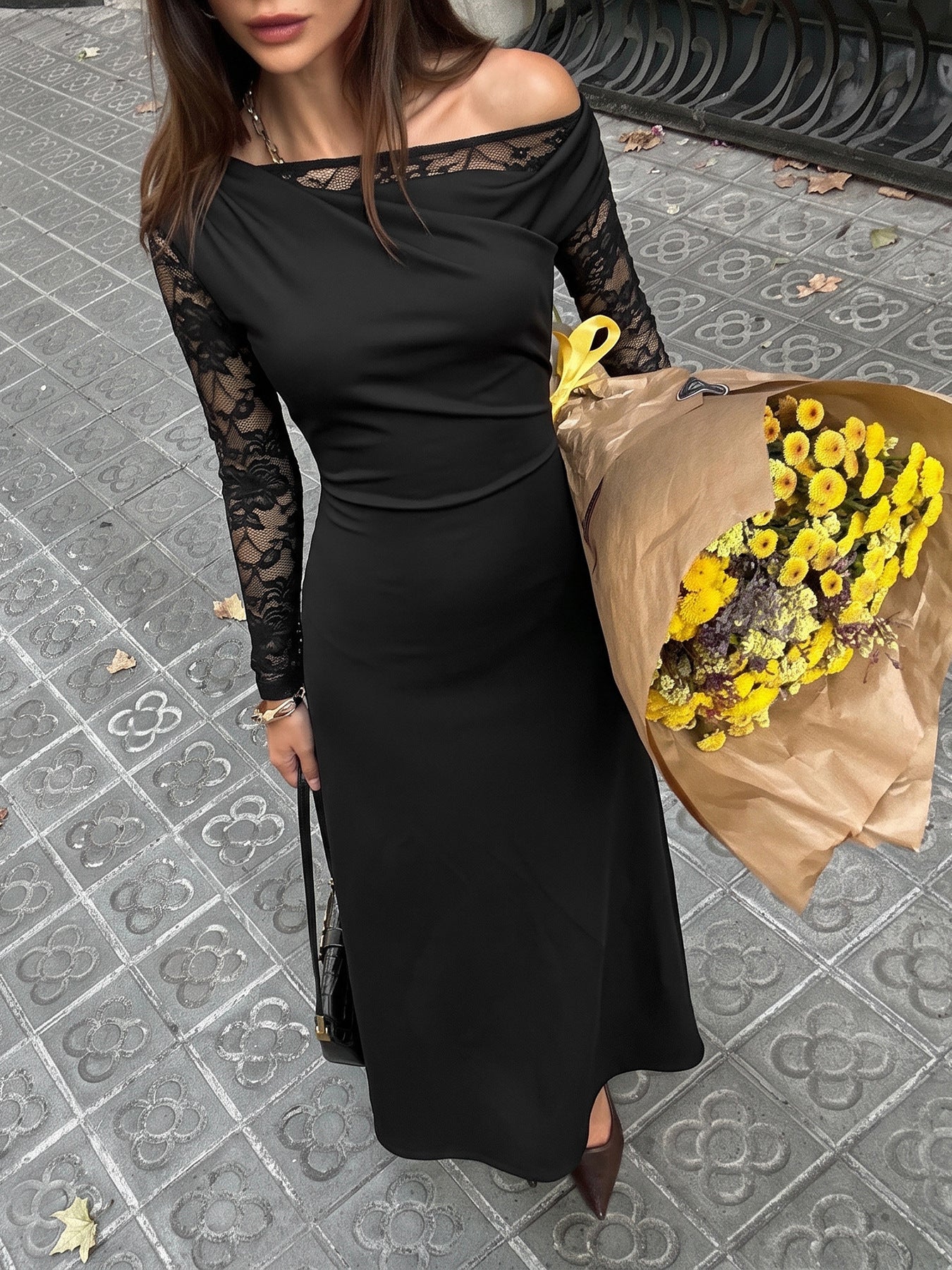 Black Lace One Shoulder Maxi Dress Long Sleeve Evening Dress