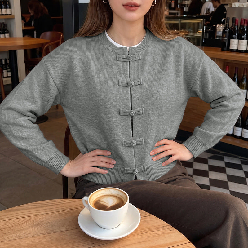 Frog Button Crew Neck Knit Cardigan Sweater