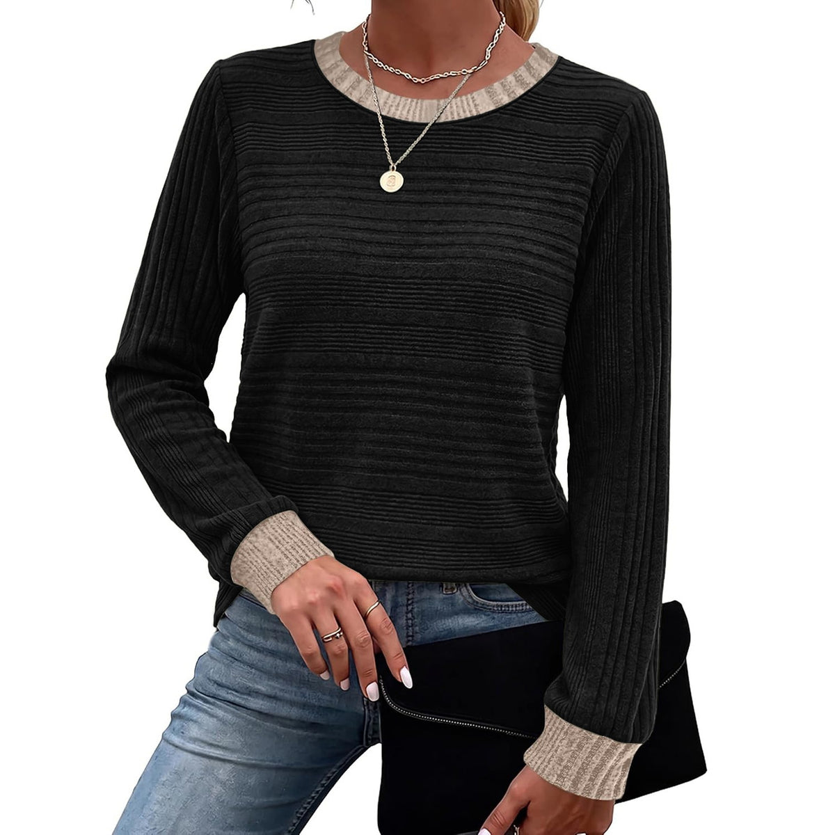 Women's Color Block Ribbed Long Sleeve Loose Casual Top