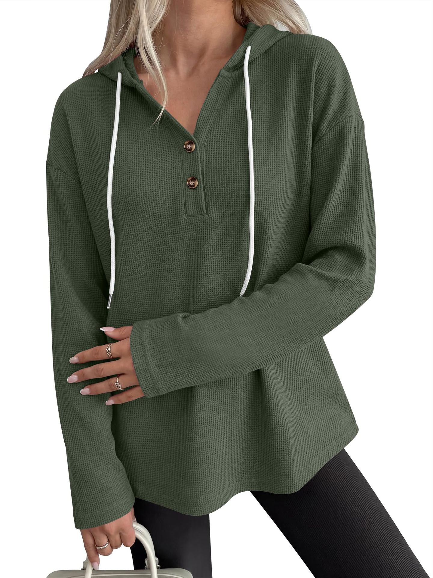 Solid Waffle Hoodie Pullover Casual Button Long Sleeve