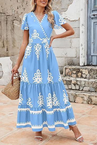 V Neck Floral Print Maxi Dress with Short Sleeves and Pockets