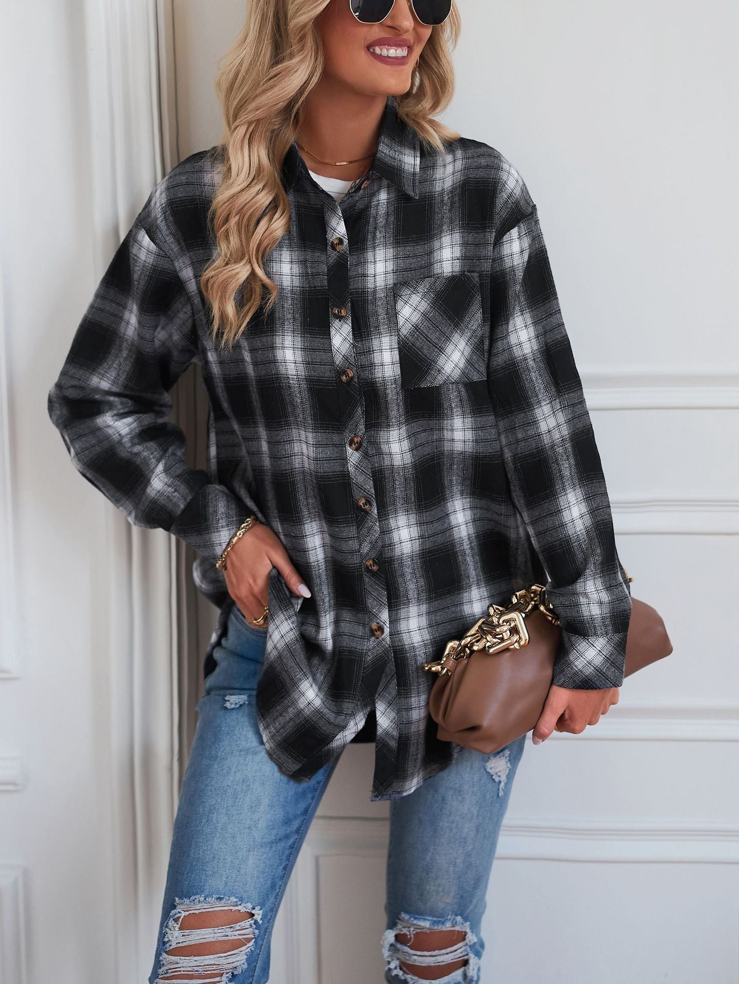 Plaid Flannel Shirt Jacket Oversized Button Up Shacket