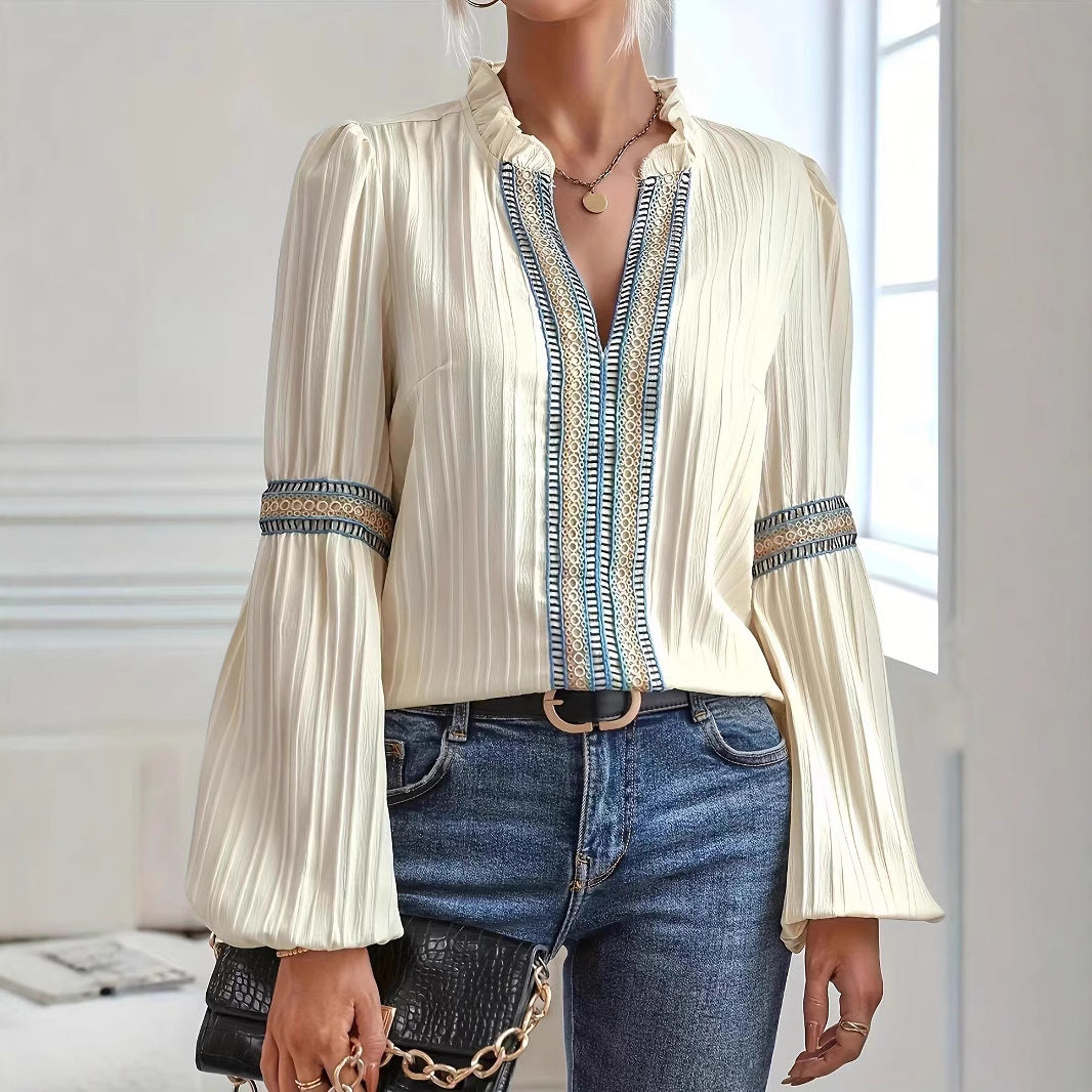 Pleated Embroidered Trim Bell Sleeve Blouse