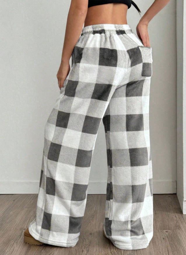 Plaid Fleece Pants Casual Oversized Wide Leg