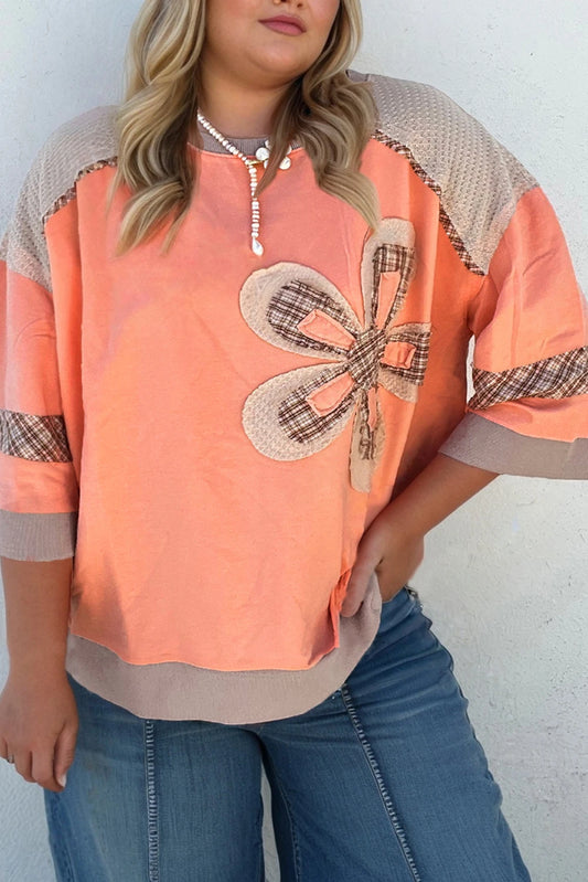Grapefruit Orange Plaid Flower Waffle Patched Plus Size 3/4 Sleeve Top