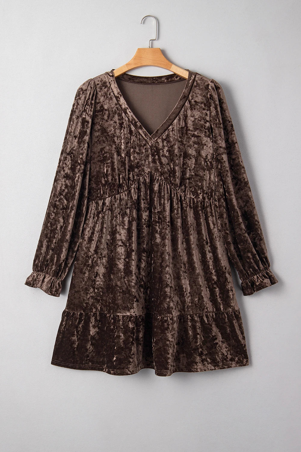Coffee Plus Size Velvet Babydoll Mini Dress with Puff Sleeve