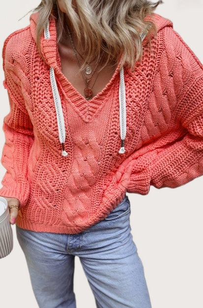 Cable Knit V Neck Hooded Pullover Sweater for Women