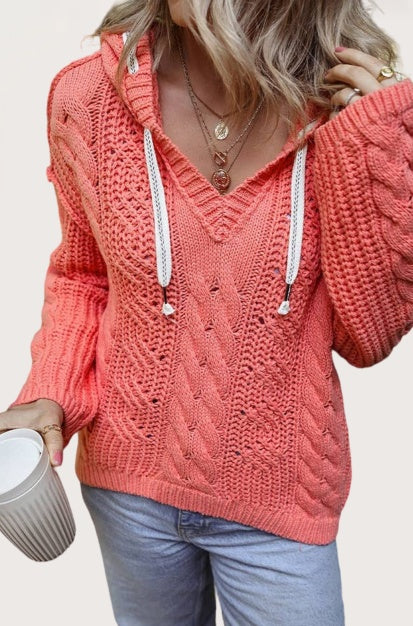 Cable Knit V Neck Hooded Pullover Sweater for Women