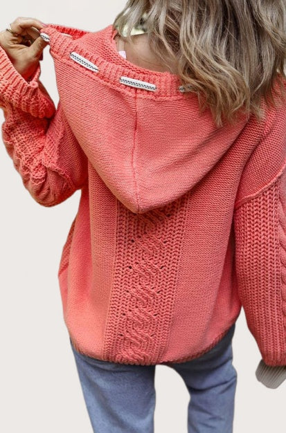 Cable Knit V Neck Hooded Pullover Sweater for Women