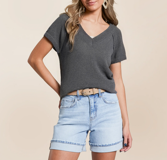 V Neck Short Sleeve Knit Sweater Top for Women