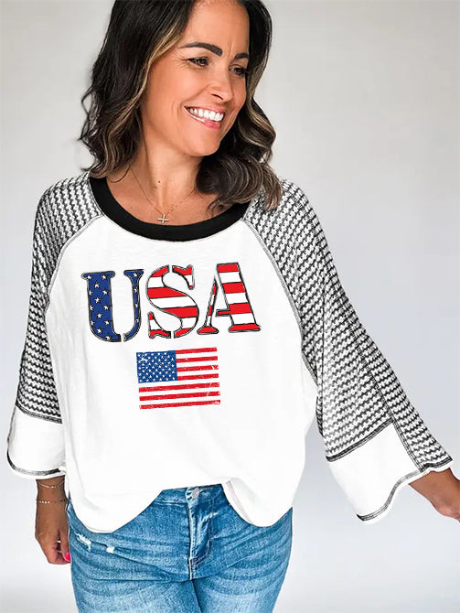 USA Print Striped Sleeve Raglan T-shirt for Casual Wear