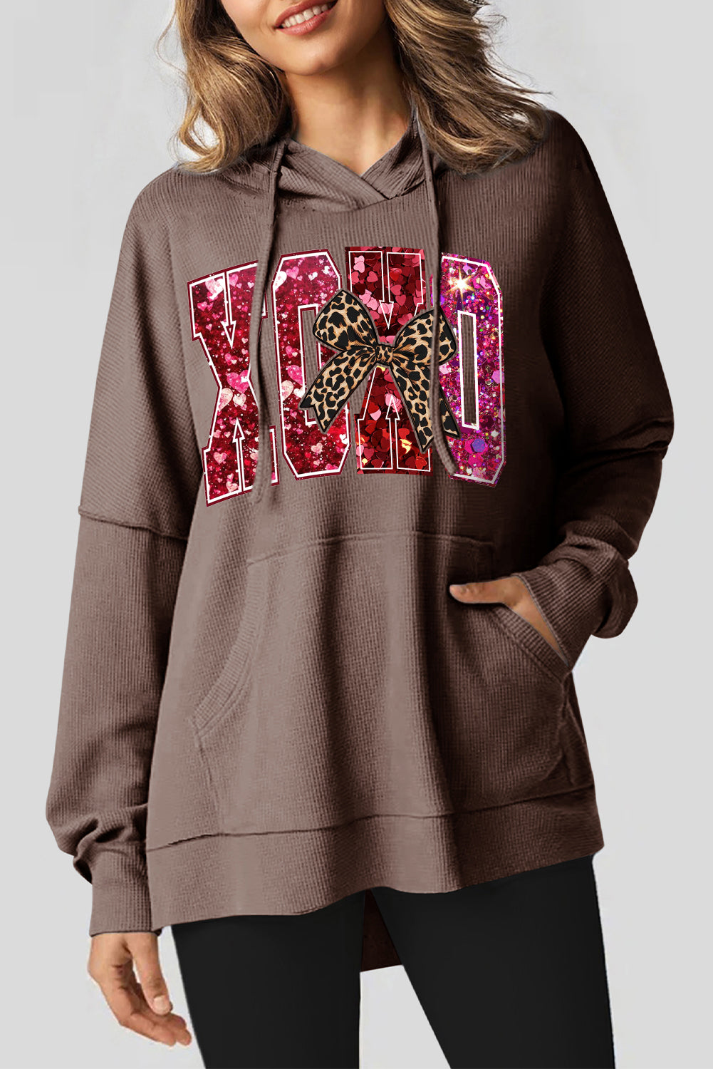 Valentine's Day XOXO Date Night Waffle Knit Fleece Lined Hoodie