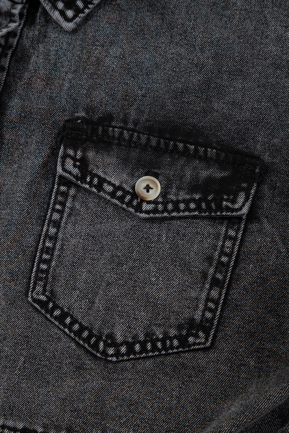 Short Sleeve Button Up Denim Shirt with Flap Pockets and Raw Hem