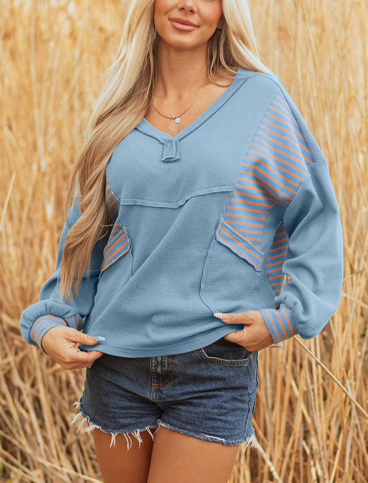 Dusk Blue Exposed Seam Waffle Striped Patchwork Baggy Pullover
