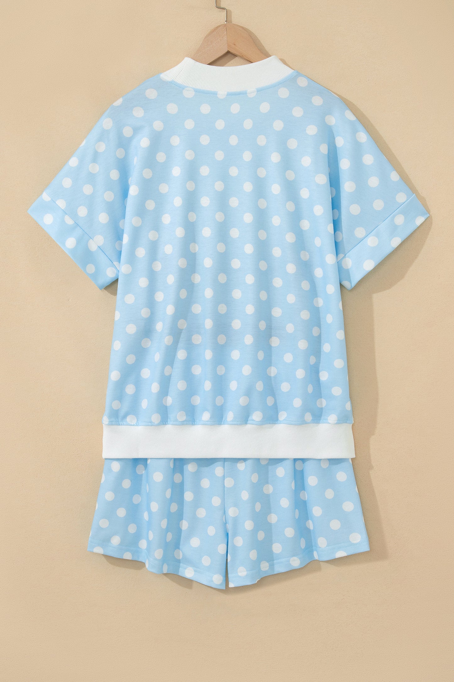 Sky Blue Polka Dot Print Color Block Trim Mock Neck Short Set