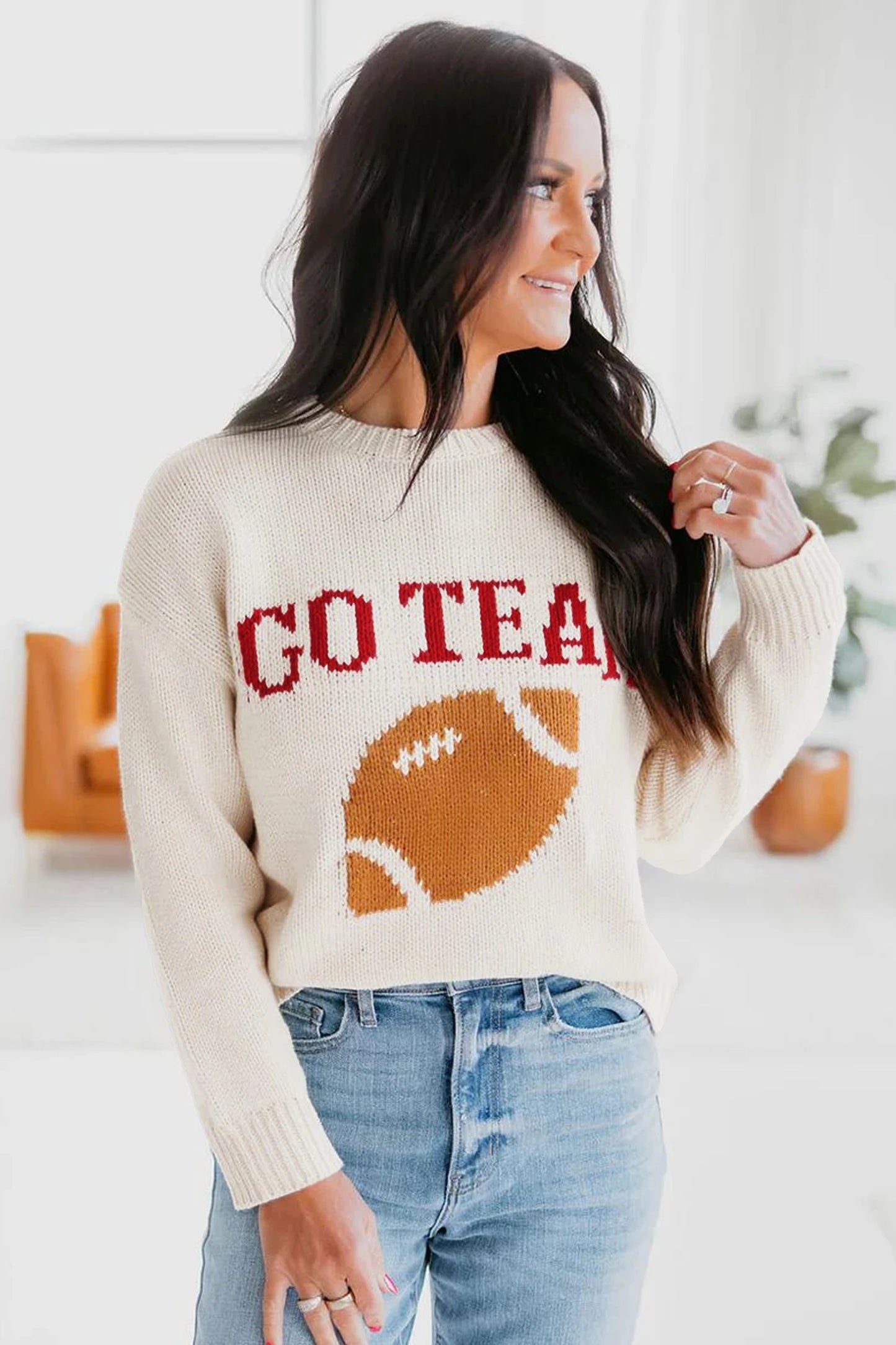 Beige Go Team Football Sweater Drop Shoulder Knit Top